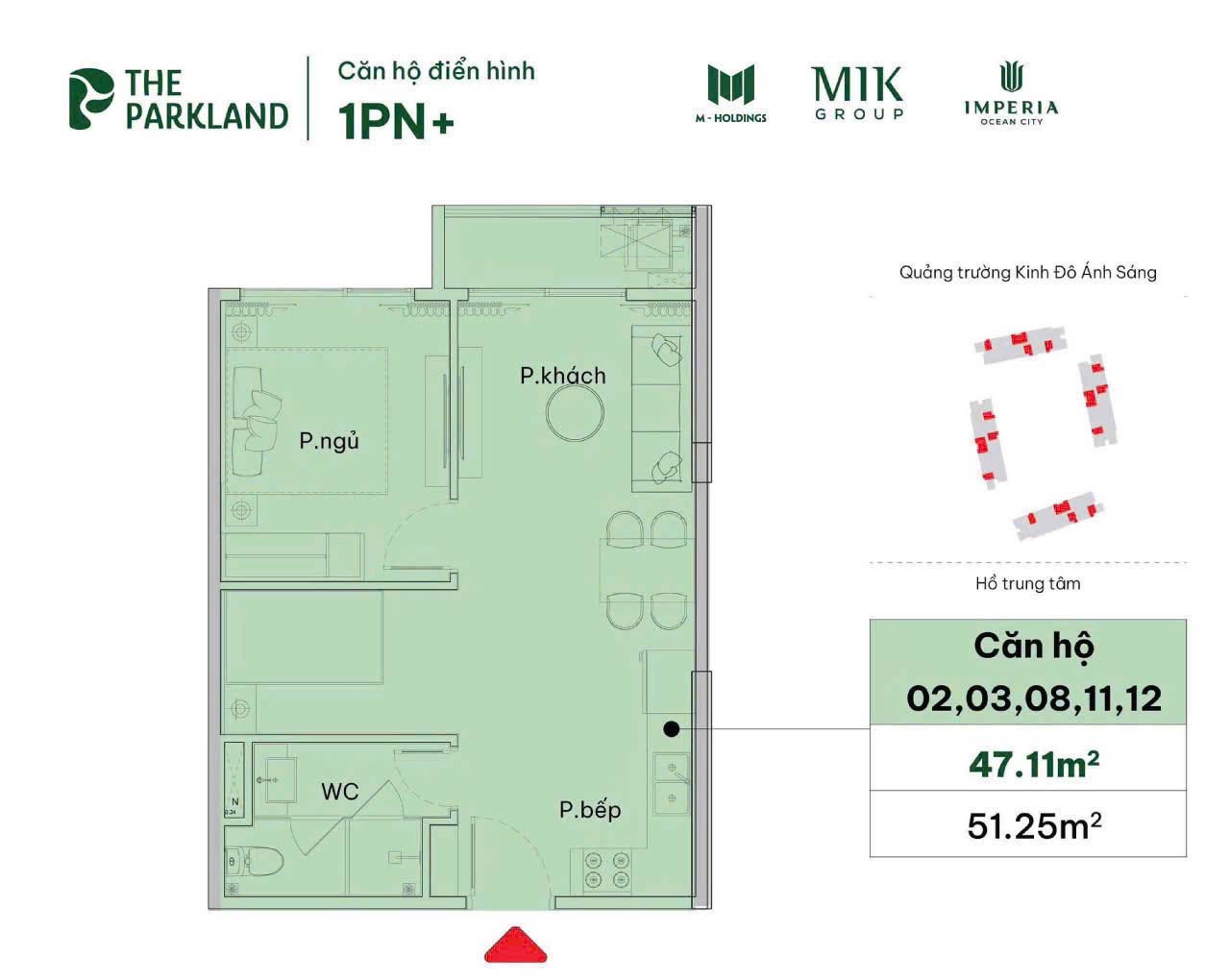 Mặt bằng căn hộ 1 PN+ dự án The Parkland